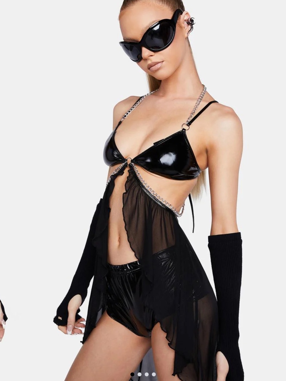 Sheer & Vinyl Black Lingerie Mini Dress with Chain Straps - Club EXX